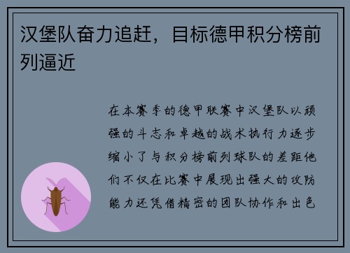 汉堡队奋力追赶，目标德甲积分榜前列逼近